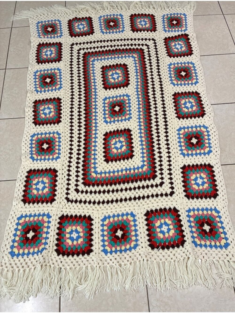 Handmade Crochet Granny Square Afghan Blanket Throw Multicolor Tassle Edge 90x50
